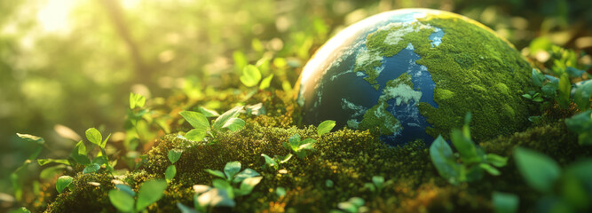 Green planet Earth with moss and growing plants on a blurred background of sun rays in a forest. World Environment Day 