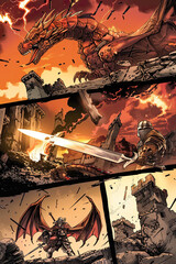 Comic strip showing a knight raising his sword to face a dragon’s fiery breath, with castle ruins in the background and intense lighting highlighting the battle.