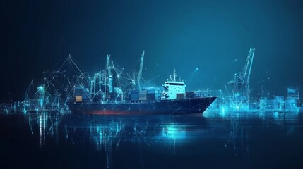 Fototapeta premium Digital polygonal cargo sea port. 3d ship, port crane and containers in dark blue. Container ships, transportation, logistics, business or worldwide shipping concept. Abstract vector mesh illustration