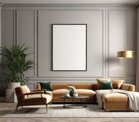 poster frame mock-up on modern living room interior. minimalist fucnitures