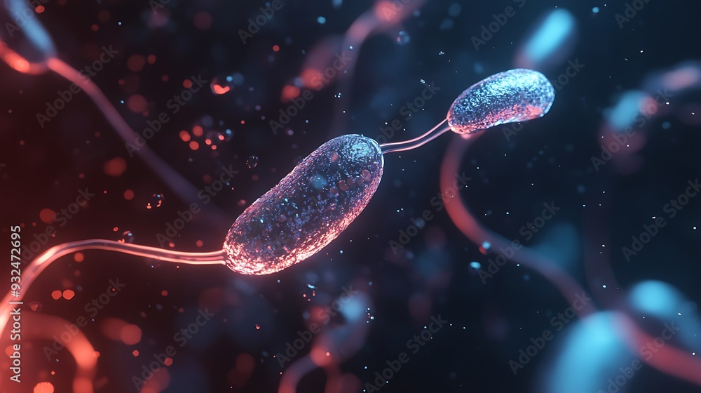 Poster abstract representation of microscopic organisms with a futuristic glowing effect.
