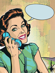 Retro comic panel of a woman smiling while holding a phone, set in a vintage living room.