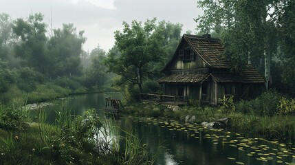 Fototapeta premium A Rustic Wooden Cabin Nestled in a Foggy Forest Beside a River