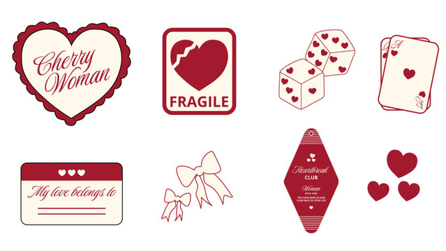 Collection of stickers, labels abot women, games and love. Vector set, trendy graffic