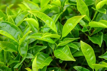 Obraz premium Lush green leaves of a tea tree, highlighting its natural beauty and health benefits.
