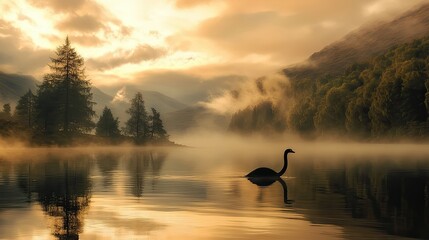 Fototapeta premium A lone swan swims in a misty lake at sunrise, with mountains and trees in the background.