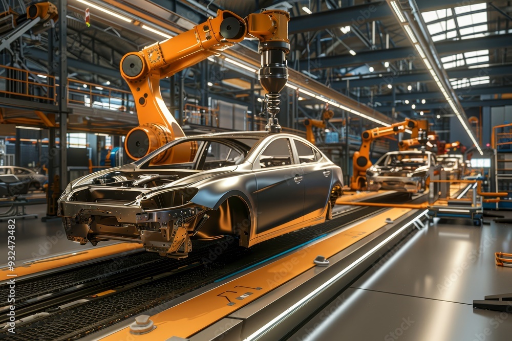 Poster robotic car assembly line from frame to finished vehicle in industrial factory setting