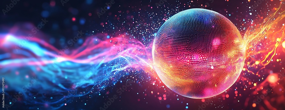 Poster abstract sphere glowing with iridescent colors and particles.