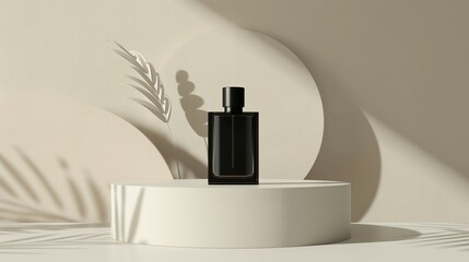 Black Perfume Bottle on White Round Platform with Leaf Shadows