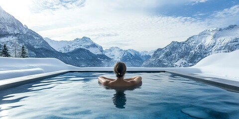 Naklejka premium Woman relaxing in infinity pool with mountain views in winter