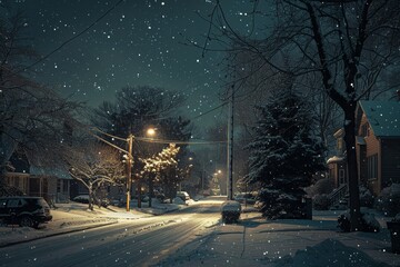 Snowy evening in city neighborhood  winter nightfall with falling snow, houses, trees, and lights