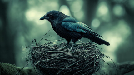 Fototapeta premium Black raven perched on branches, nature's wildlife in action