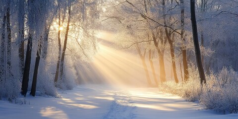 Fototapeta premium A serene winter morning with sun rays piercing through frosted trees along a snow-covered path. 
