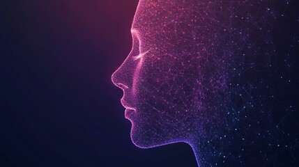 Face recognition low poly wireframe banner vector template. Futuristic computer technology, smart identification system poster polygonal design. Facial scan 3d mesh art with connected dots