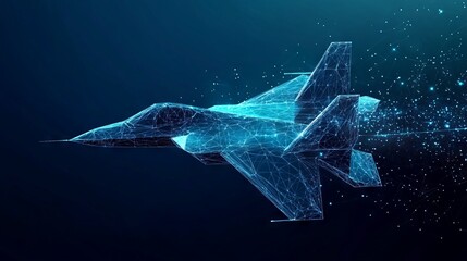 Fighter jet in flight from abstract polygonal points blue. Low poly fighter in motion, lines and connected to form, vector illustration