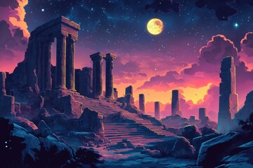Ancient Ruins Under a Full Moon and Starry Sky