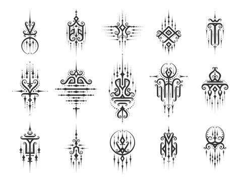Sacred oriental Thai symbols for tattoo or decoration in Buddhism style, vector signs. Yantra or Sak Yant tattoo symbols of Thailand religious and esoteric ornaments, Thai Buddha sacred signs