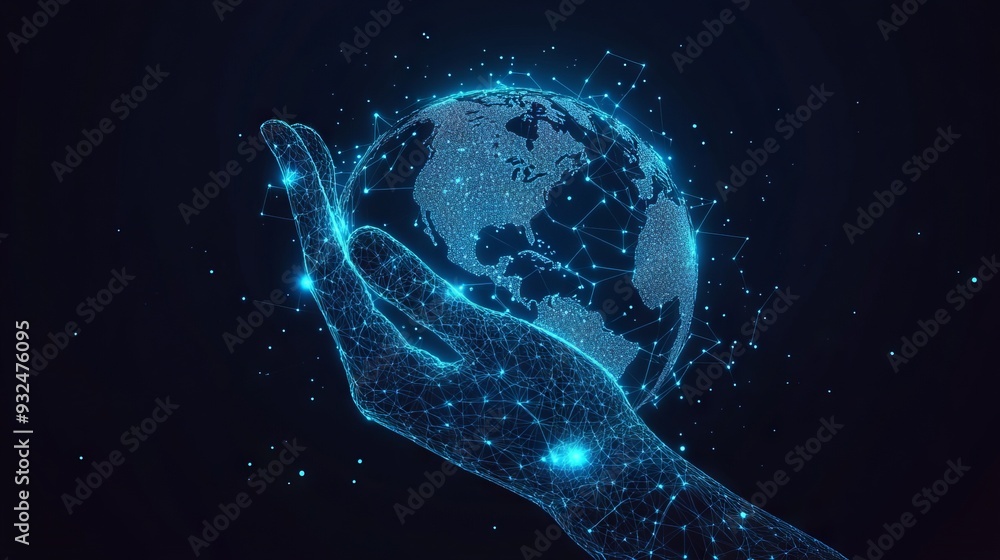 Poster hand touching earth low poly. digital low poly mesh wireframe with connected dots, lines, stars and 