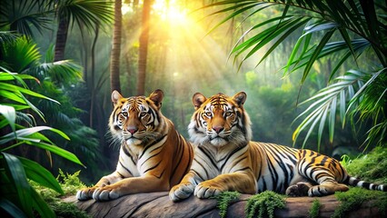 Beautiful tigers enjoying the sunshine in a lush jungle , tigers, beautiful, enjoy, sunshine, lush, jungle, wildlife
