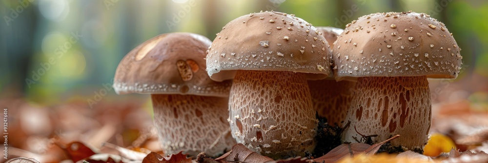 Poster peppery bolete mushrooms in a wooded environment with a shallow depth of field.