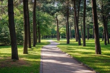 Obraz premium Pathway through pine forest park, inviting and serene for a stroll