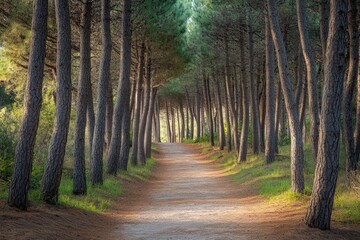 Fototapeta premium Pathway through pine forest park, inviting and serene for a stroll