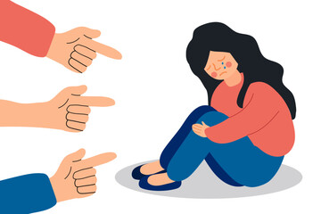 A victim of bullying. Bullying concept. Hands pointing to a sad black girl. Vector illustration