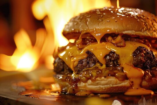 Close-up of a burger with melted cheese dripping down, with fire in the background highlighting the heat