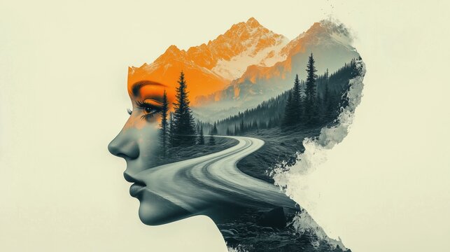 Double Exposure of Woman's Profile Blended with Mountain Landscape and Forest Road, Creating a Surreal and Artistic Conceptual Image