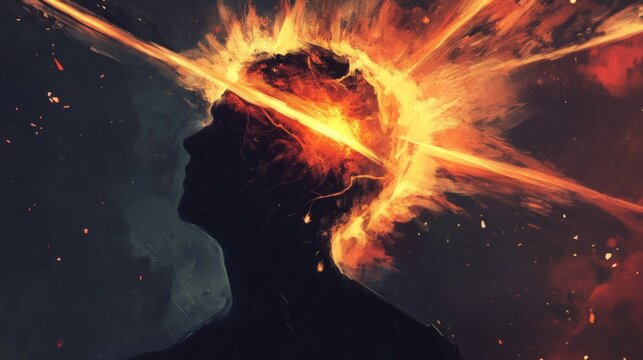 A person with their head exploding in fiery energy