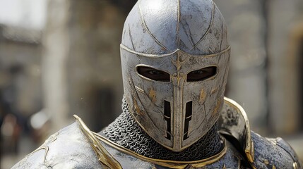 Naklejka premium Knight in Armor with Golden Accents Looking Forward