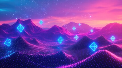 Obraz premium Abstract diamond shapes cascading over a neon dots landscape, set in a paradise background, vibrant and surreal