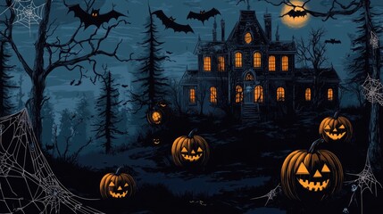 Eerie Halloween scene in vector style with pumpkins, a haunted mansion, bats, and cobwebs draped across trees, all under a deep, dark sky
