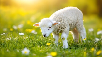 Obraz premium Adorable white lamb standing in a green field of grass and wildflowers with the sun shining behind it.