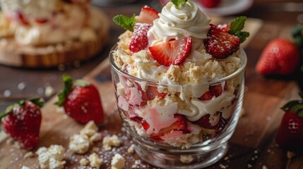 Delicious Eton mess, a delightful dessert made with layers of crushed meringue, whipped cream, and fresh strawberries