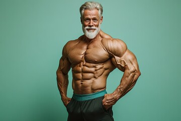 A fit senior man with a muscular body, confidently posing against a solid-colored backdrop, highlighting his fitness achievements