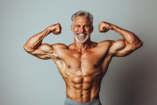 A strong senior man with a fit body, smiling confidently and flexing his biceps against a plain background