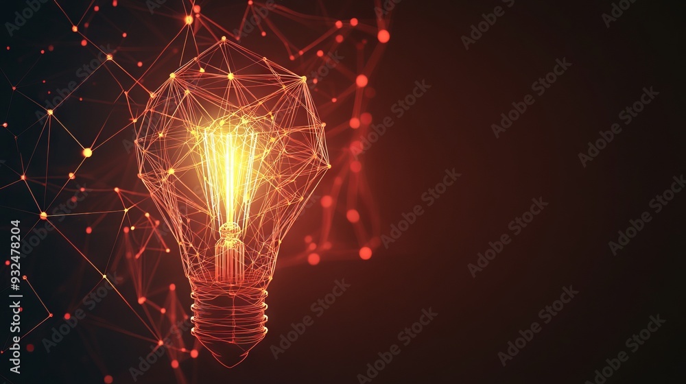 Poster vector incandescent lamp with bright light. low poly wireframe and points. polygonal 3d white bright