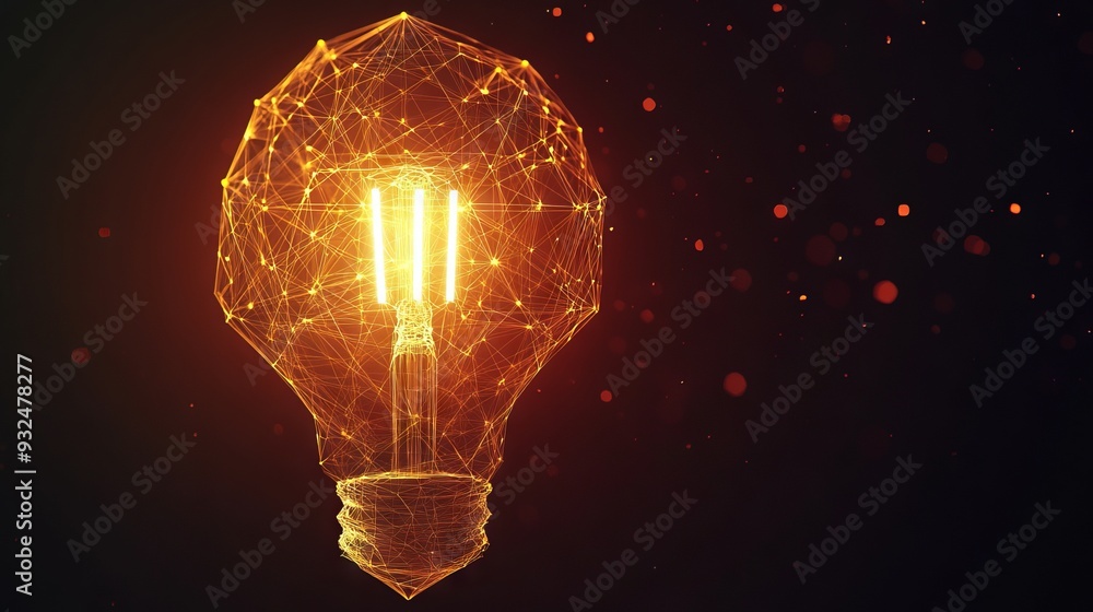 Poster vector incandescent lamp with bright light. low poly wireframe and points. polygonal 3d white bright