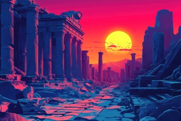 Fototapeta premium Ruined Ancient City at Sunset with a Large Sun