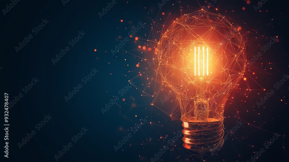 Poster vector incandescent lamp with bright light. low poly wireframe and points. polygonal 3d white bright