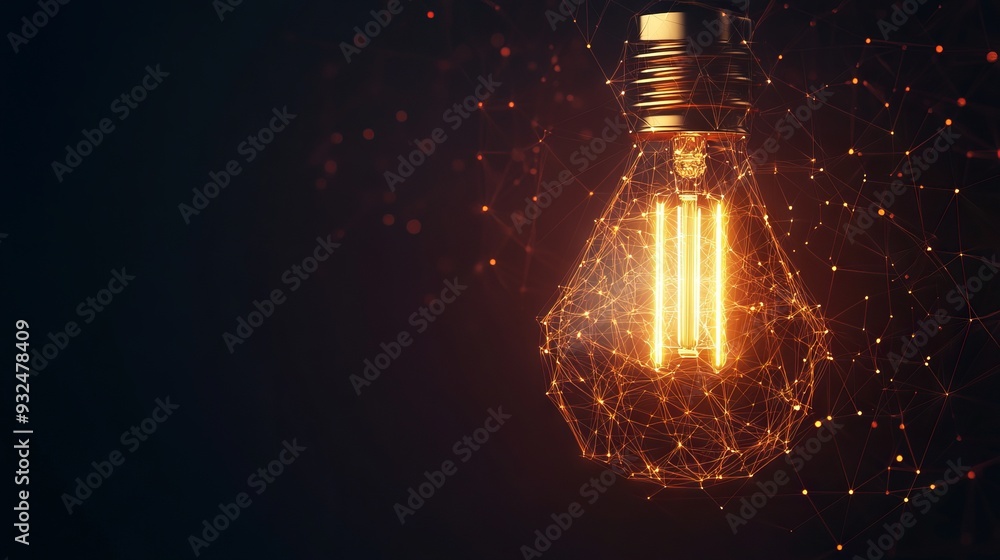 Poster vector incandescent lamp with bright light. low poly wireframe and points. polygonal 3d white bright