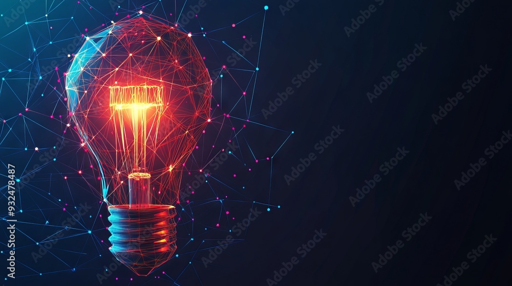 Poster vector incandescent lamp with bright light. low poly wireframe and points. polygonal 3d white bright
