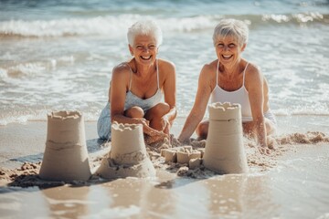 High-resolution brightly lit photorealistic candid photograph of a happiness senior couple enjoying a day at the beach, building sandcastles and playing in the surf with big smiles. The photograph is