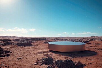 A modern podium placed on Mars, with rugged terrain and a bright blue sky, perfect for futuristic product showcases