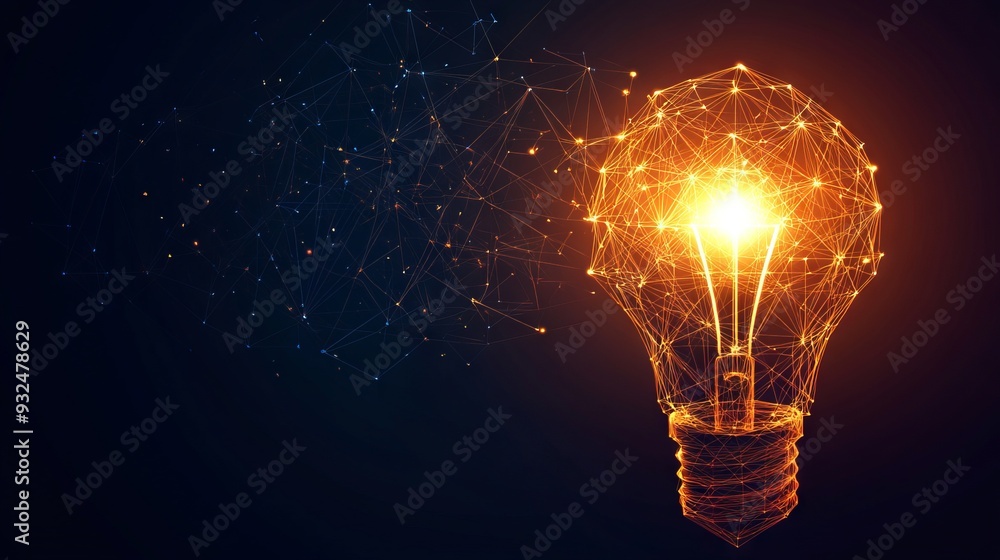 Poster vector incandescent lamp with bright light. low poly wireframe and points. polygonal 3d white bright