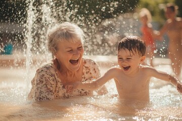 Obraz premium High-resolution brightly lit photorealistic candid photograph of a grandmother and grandchild playing in a splash pad, laughing and enjoying the water on a sunny day. The photograph is styled like a