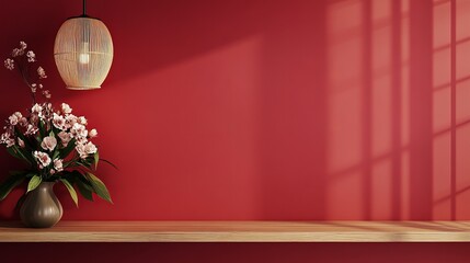 3D rendering of a red wall background with a wooden shelf and a flower vase decoration mockup. Interior design template