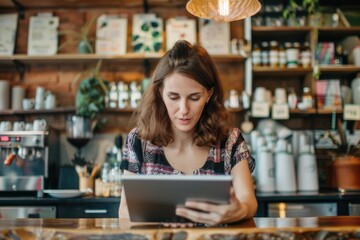 Fototapeta premium Woman with tablet making online purchase, professional working remotely, cafe background