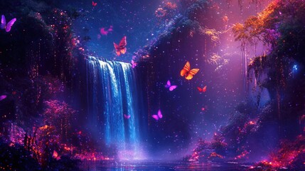 Abstract neon dots creating a landscape of trees, waterfall, and butterflies, paradise-like background, luminous and ethereal